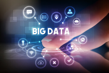 Finger touching tablet with web technology icons concept