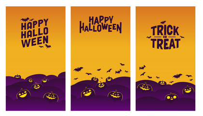 Happy Halloween banners. Vertical design for social media posts. Carved shinning pumpkins. Trick or treat.