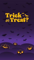 Halloween banner. Dark scene with shinning carved pumpkins. Vertical design for social media posts.