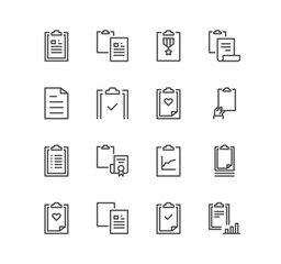Set of clipboard and document icons, checklist, petition, contact and linear variety vectors.