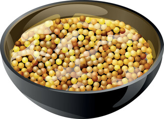 Black ceramic sauce pot with bright yellow-hot mustard sauce with whole mustard seeds