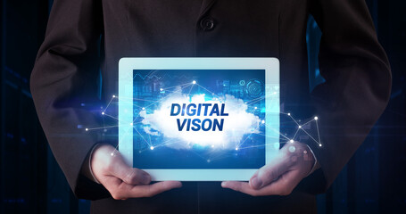 Person holding tablet, technology concept