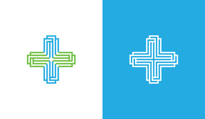 Fototapeta premium Plus Cross Logo Concept symbol sign icon Element Design Line Art Style. Health Care, Medical Logotype. Vector illustration template