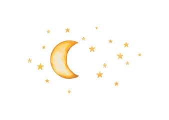 Cute Night Moon Stars Watercolor. Night Sky with Lot of Shiny Stars. Vector illustration. Hand Drawn illustration. baby shower invitation card.