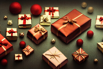 Weihnachtsgeschenke mit Weihnachtkugeln Draufsicht, Weihnachtshintergrund Illustration