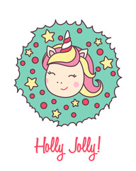 Greeting holiday card with cute Unicorn head with Christmas wreath for Merry Christmas and New Year.