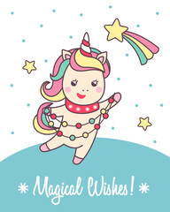 Greeting holiday card with cute Unicorn with lights for Merry Christmas and New Year design.