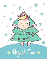 Greeting card with cute Unicorn in Christmas tree costume with lights for holiday design.