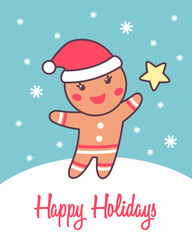 Greeting holiday card with cute gingerbread man in Santa Claus hat for Merry Christmas and New Year design.