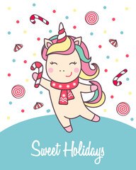 Greeting holiday card with cute Unicorn with candy cane and lollipops for Merry Christmas and New Year design.