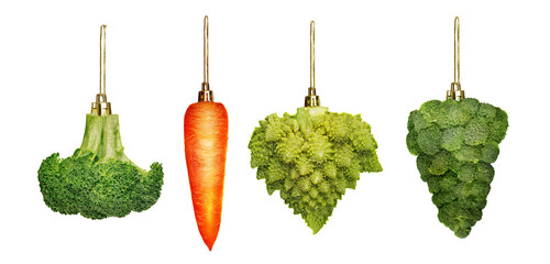 Christmas ornaments in shape of vegetables, vegan concept