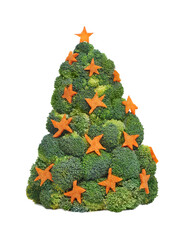 Decorated Christmas tree made of broccoli against white backrgound