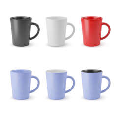 Illustration of Six Realistic Empty Ceramic Coffee Cup or Tea Mug. Isolated Mockup with Shadow Effect, for Web Design, and Printing on a White