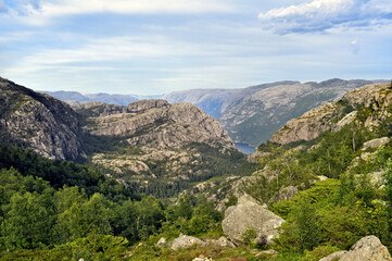 Rocky landscape with valley and small lakes - Preikestolen, Norway
