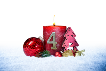 fourth sunday of advent red candle with golden metal number tfour red decoration one on  snow isolated background