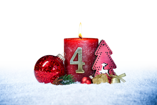 fourth sunday of advent red candle with golden metal number tfour red decoration one on  snow isolated background - Powered by Adobe