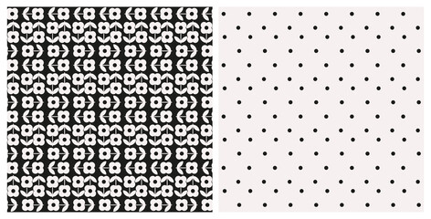 Set of monochrome flowers with leaves and dotted seamless repeat pattern. Bundle of two, vector floral and polka dot all over prints in black and white.
