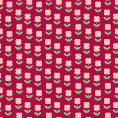 Cute retro flowers with leaves seamless repeat pattern. Vector, botanical all over surface print on reddish background.