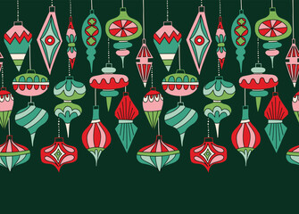 Retro Hanging Baubles Vector Seamless Horizontal Pattern Border. Vintage Winter Holidays Ornaments Background. Festive Mid Century Modern Graphic Print - 540338162