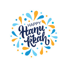 Happy Hanukkah handwritten text with colorful splashes on white background. Modern brush calligraphy. Hand lettering typography, bright vector illustration for Jewish holiday as greeting card, poster