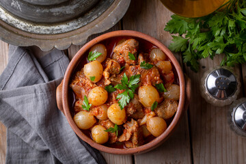 Traditional Greek dish of beef stifado in a sauce. Meat stew, onion stew. Turkish name; sogan yahni...