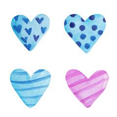 watercolor set with hearts. Blue, purple. Romantic vintage style. Collection for decoration,design. Stamps on paper, postcards, textiles. For templates. Valentine's day, love symbol. Brush for art.