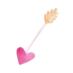 Watercolor arrow for a bow with a heart-shaped tip. Love, romance, cupid, valentine's day. Illustration for design, print. The element is isolated on a white background.