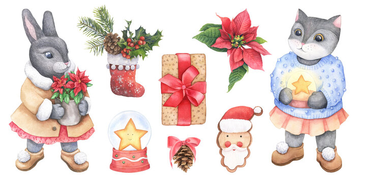 Christmas collection of hand drawn elements: cute cat, hare, fir cone, santa claus, sock, gift, poinsettia. Image for New Year's decor, stickers, holiday design. Watercolor illustrations.