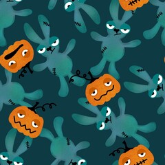 Fototapeta na wymiar Halloween cartoon evil rabbit seamless toys doodle pattern for wrapping paper and fabrics and linens