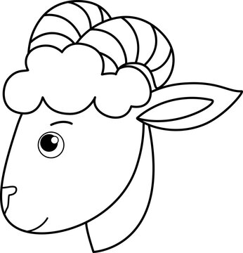 Ram head, cute muzzle in profile - vector linear picture for coloring. Outline. Sheep head, lamb cute animal for children's coloring book