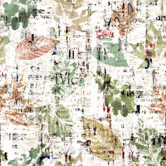 Newspaper paper with autumn watercolor leaf traces seamless pattern