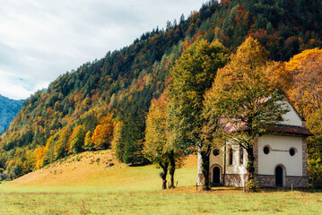 Logar valley or Logarska dolina in the Alps of Slovenia in autumn - obrazy, fototapety, plakaty