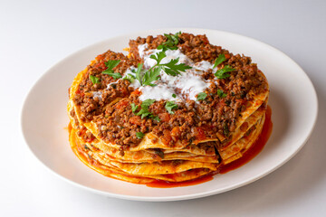 Turkish Food Kayseri Yaglama with Minced Meat, Yogurt and Tomato Paste