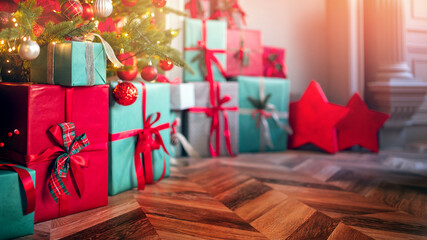 Closeup gift box with bowknot on blurred background red decorated christmas tree pine bokeh sun light banner
