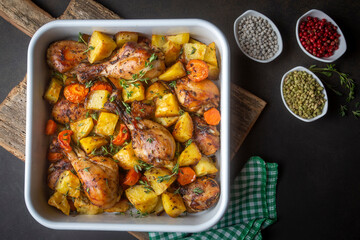 Baked chicken thighs and fried potatoes look delicious.