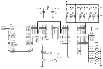 Vector electrical schematic diagram of the matrix of LEDs working under ATmega16 microcontroller control. A complex scheme of large size.