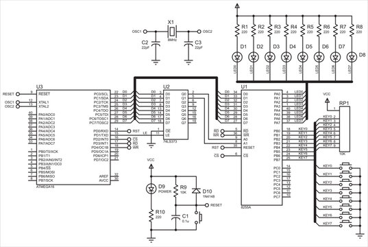 Vector electrical schematic diagram of the matrix of LEDs working under ATmega16 microcontroller control. A complex scheme of large size.