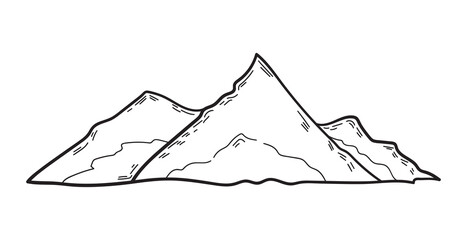 Line drawing of mountain range landscape. Hand drawn element in simple linear style. Doodle vector illustration isolated on white background.