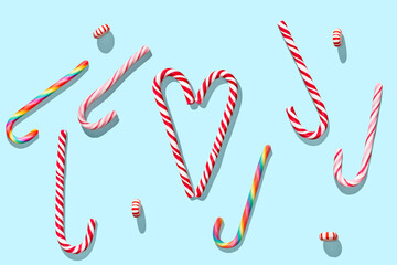 Collection of Candy cane on blue pastel background