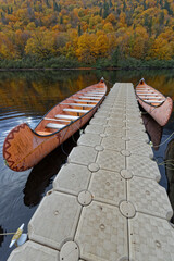 Canoes at quay on the Jacques-Cartier river in the National Park, Quebec