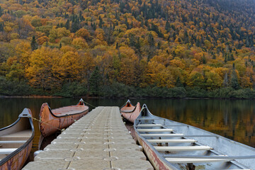 Canoes at quay on the Jacques-Cartier river in the National Park, Quebec
