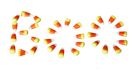 Candy Corn Boo - Pieces of candy corn positioned to spell the word BOO (transparent)