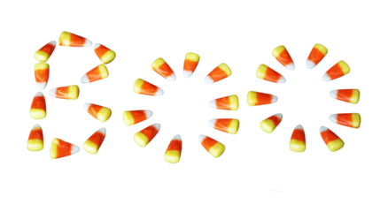 Candy Corn Boo - Pieces of candy corn positioned to spell the word BOO (transparent)