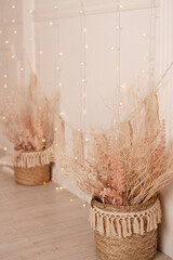 Card. Stylish photo zone. Light background, white wood floor. Сake smash concept.