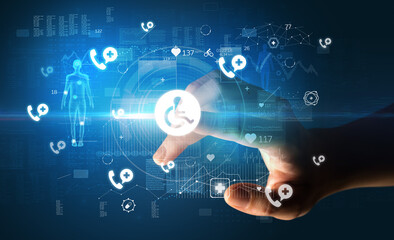 Doctor hand pressing futuristic health device with medical symbol on screen