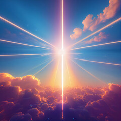 bright beams of light on the sky with clouds, a strong source of light. High quality illustration