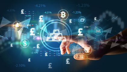 Fototapeta premium Business person hand pushing currency symbol on multimedia touch screen