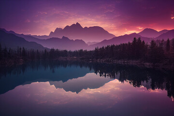 Plakat Beautiful lake with trees and mountains with reflections.. Colorful Background wallpaper
