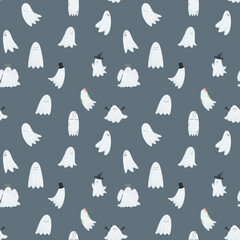 Seamless vector pattern of ghosts. Autumn pattern for Halloween decor. Illustration on a blue background for print, design, web, sites, design