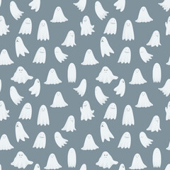 Seamless vector pattern of ghosts. Autumn pattern for Halloween decor. Illustration on a blue background for print, design, web, sites, design